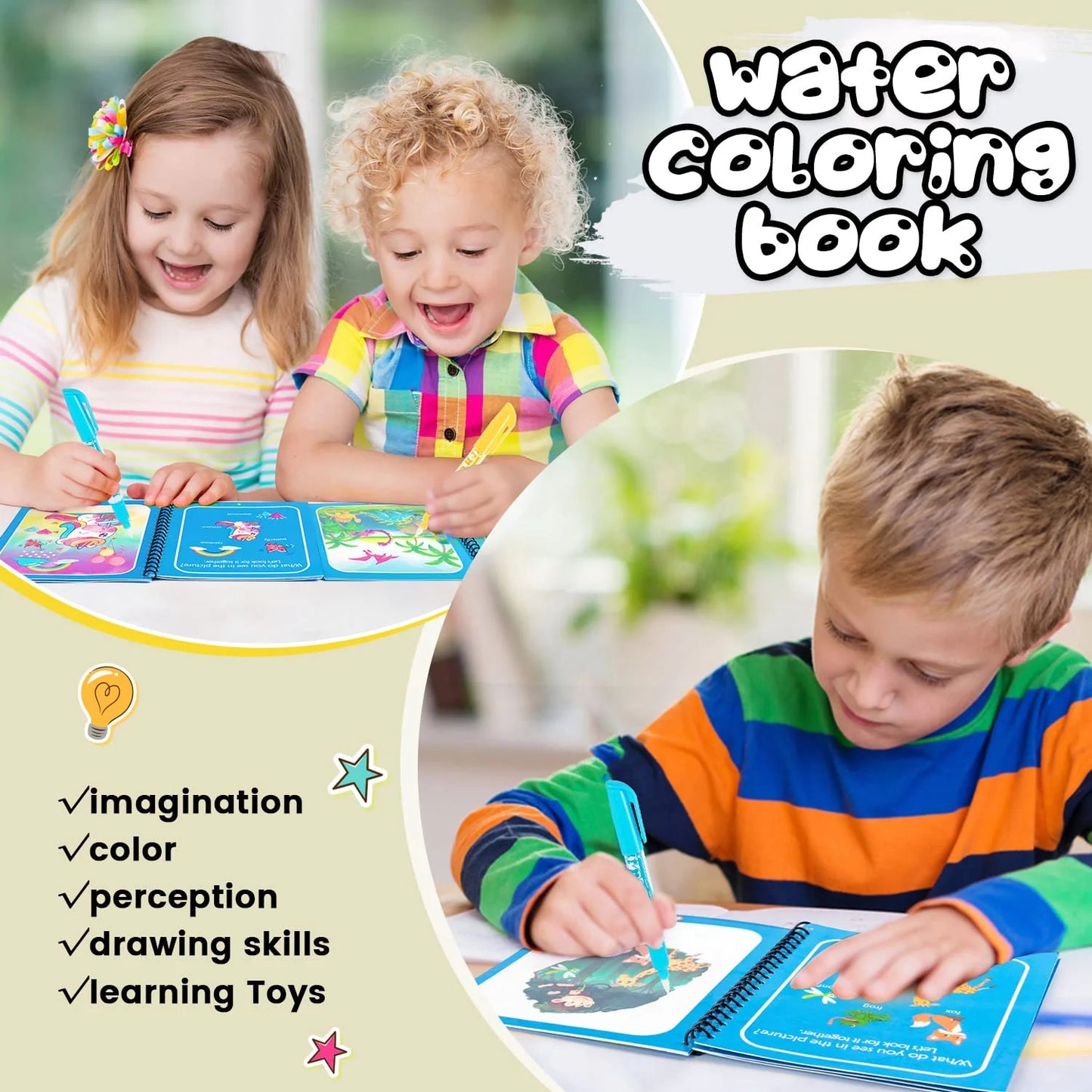 Reusable Water Magic Coloring Book Kids Learning Drawing Activity Kit