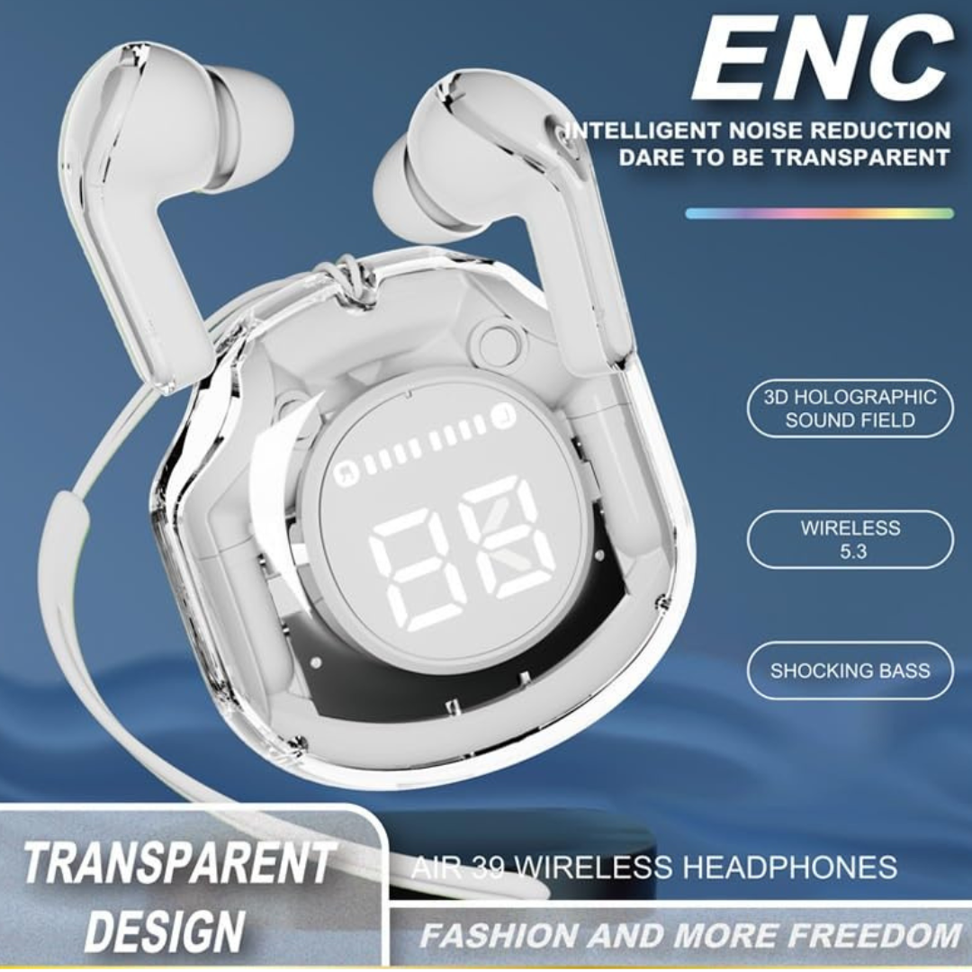 Air39 Wireless Earbuds Clear Sound with Bluetooth 5.3 Transparent Case