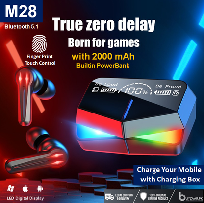 M28 TWS Gaming Wireless Earbuds Type-c LED Display With Heavy Bass